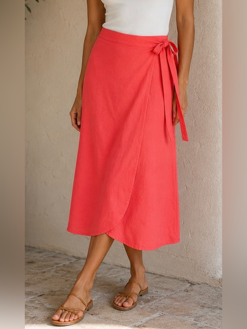J.Crew Linen Blend Coral Wrap Skirt XS Tie Waist Summer Resort